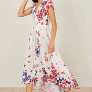 Yumi Ivory Floral Mirror Wrap Dress with Dip Hem