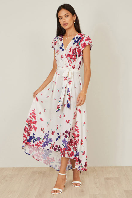 Yumi Ivory Floral Mirror Wrap Dress with Dip Hem