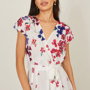 Yumi Ivory Floral Mirror Wrap Dress with Dip Hem