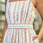 Yumi White Botanical Stripe Midi Dress With Lace Trims
