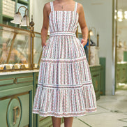 Yumi White Botanical Stripe Midi Dress With Lace Trims