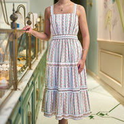Yumi White Botanical Stripe Midi Dress With Lace Trims