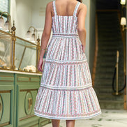 Yumi White Botanical Stripe Midi Dress With Lace Trims