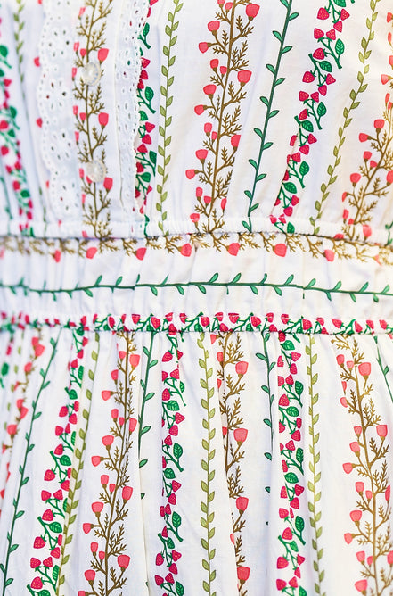 Yumi White Botanical Stripe Midi Dress With Lace Trims