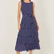 Yumi Navy Spot Tiered Midi Dress