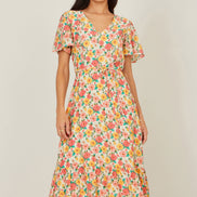 Yumi Multicolour Midi Tea Dress With Angel Sleeves