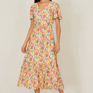 Yumi Multicolour Midi Tea Dress With Angel Sleeves