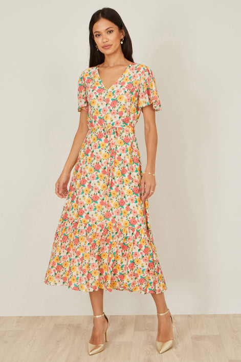 Yumi Multicolour Midi Tea Dress With Angel Sleeves