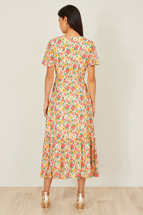 Yumi Multicolour Midi Tea Dress With Angel Sleeves