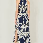Yumi Navy Geo Swirl Print Halter Maxi Dress