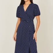 Yumi Navy Spot Wrap Midi Tea Dress