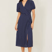 Yumi Navy Spot Wrap Midi Tea Dress