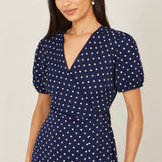 Yumi Navy Spot Wrap Midi Tea Dress
