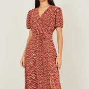 Yumi Brown Spot Wrap Midi Dress