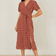 Yumi Brown Spot Wrap Midi Dress