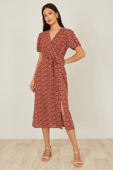 Yumi Brown Spot Wrap Midi Dress