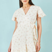 Yumi White Rose Print Wrap Over Frill Dress