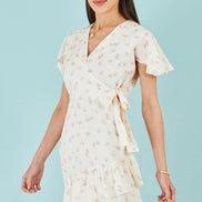 Yumi White Rose Print Wrap Over Frill Dress