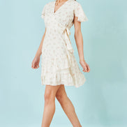Yumi White Rose Print Wrap Over Frill Dress