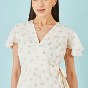 Yumi White Rose Print Wrap Over Frill Dress