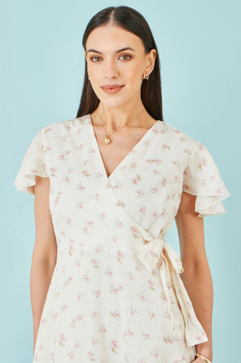 Yumi White Rose Print Wrap Over Frill Dress