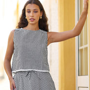 Yumi Black Gingham Cotton Top with Lace Trims