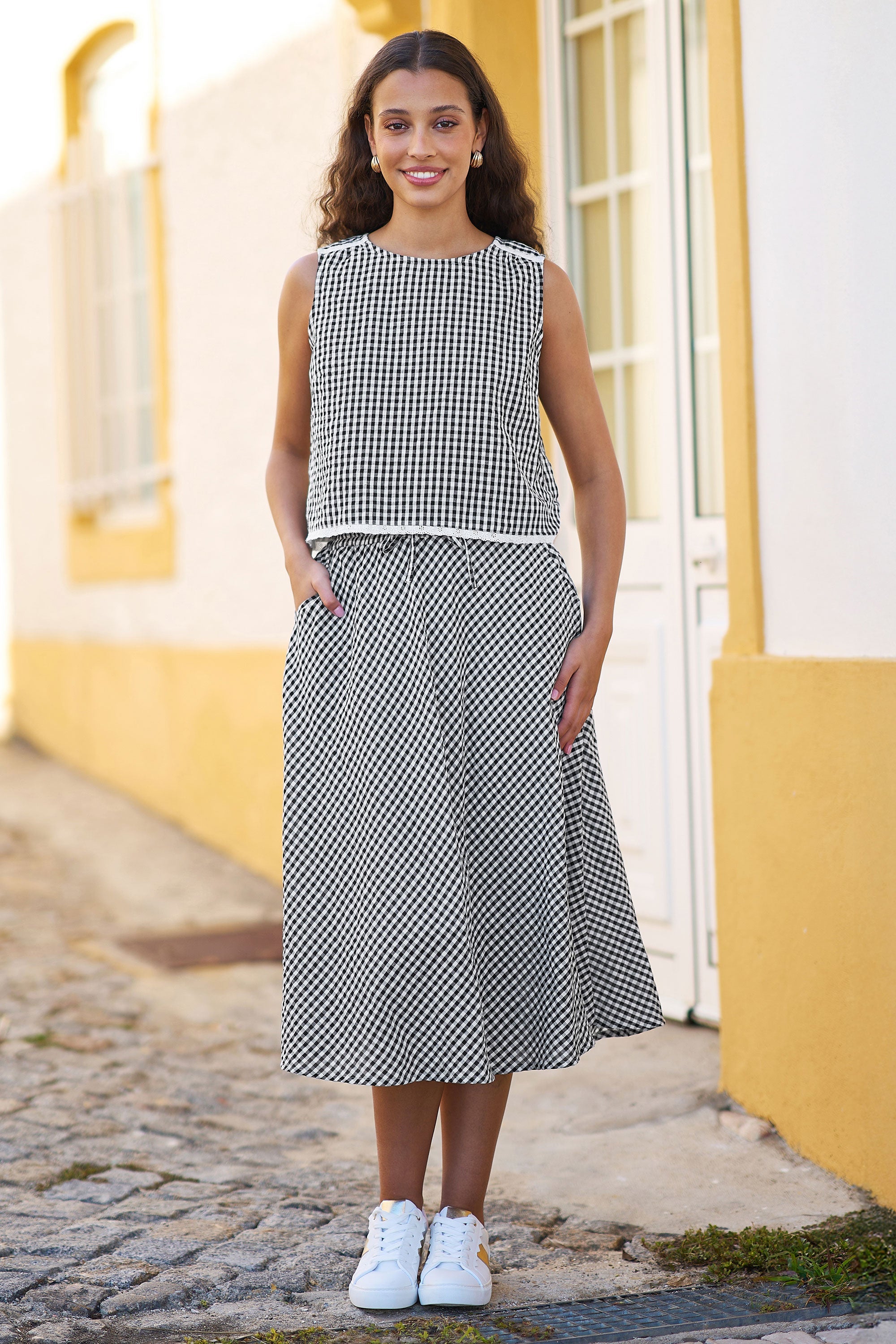 Yumi Black Gingham Cotton Top with Lace Trims