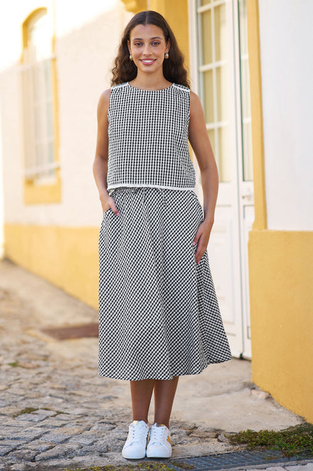 Yumi Black Gingham Cotton Top with Lace Trims