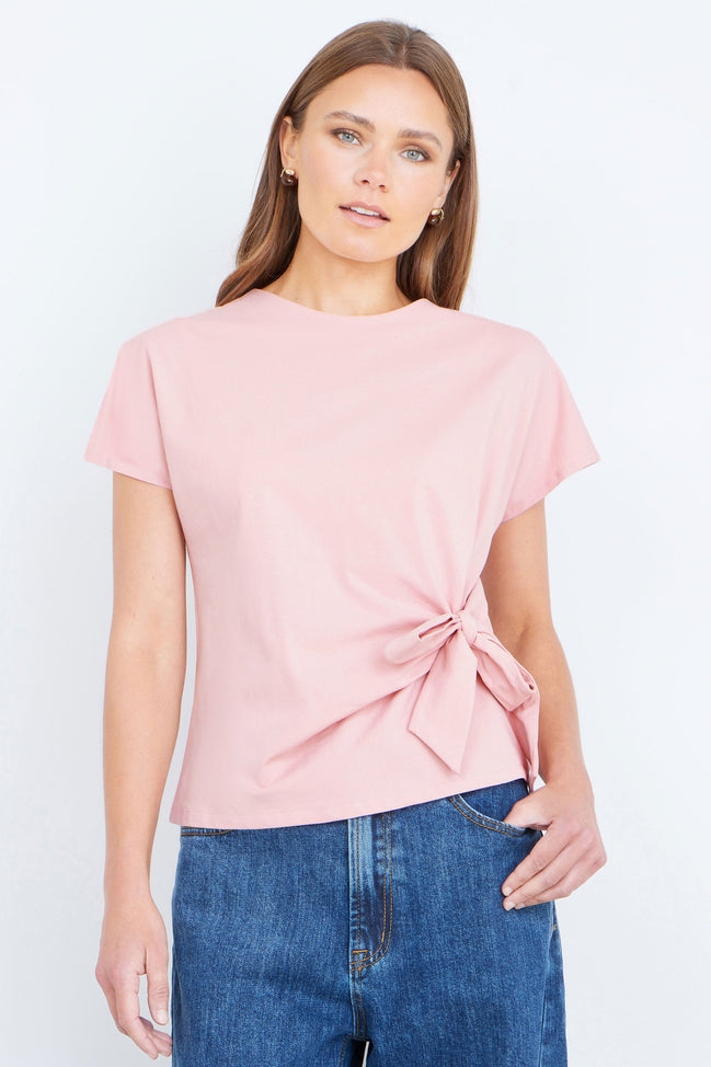 Yumi Pink Cotton Jersey Top with Knot Detail
