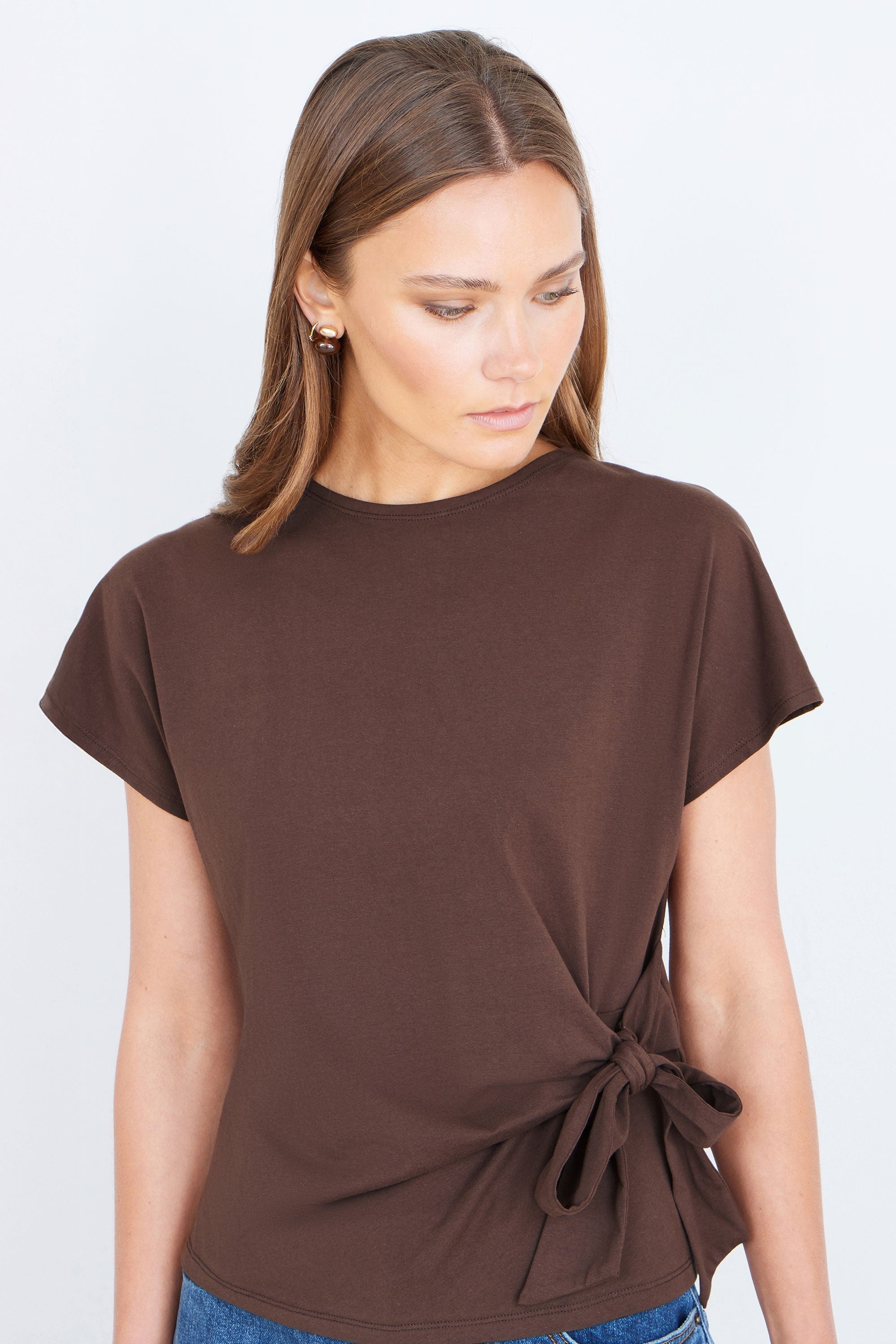 Yumi Brown Cotton Jersey Top with Knot Detail