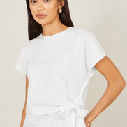Yumi White Cotton Jersey Top with Knot Detail