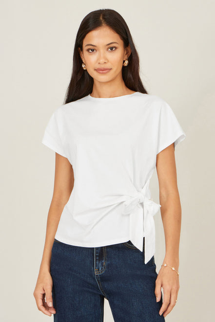 Yumi White Cotton Jersey Top with Knot Detail
