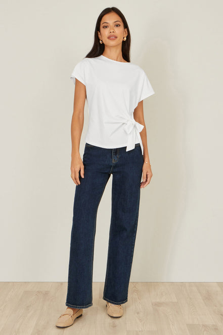 Yumi White Cotton Jersey Top with Knot Detail