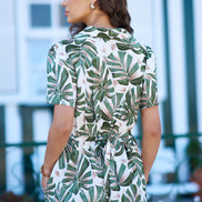 Yumi Green Viscose Leaf Print Retro Playsuit