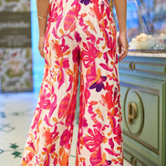 Yumi Pink Abstract Floral Wide Leg Trousers