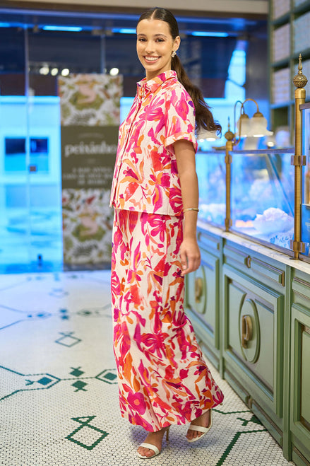 Yumi Pink Abstract Floral Wide Leg Trousers