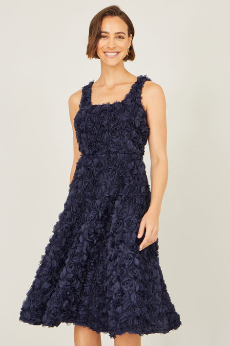 Yumi Navy Applique Floral Skater Dress