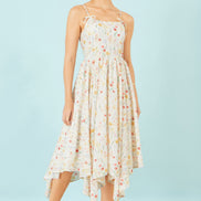 Yumi White Botanical Embroidery Fabric Handkerchief Hem Dress