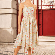 Yumi White Botanical Embroidery Fabric Handkerchief Hem Dress