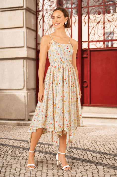 Yumi White Botanical Embroidery Fabric Handkerchief Hem Dress