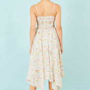 Yumi White Botanical Embroidery Fabric Handkerchief Hem Dress