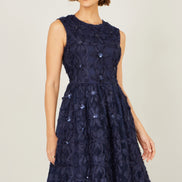 Yumi Navy Sequin Floral Applique Skater Dress