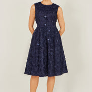 Yumi Navy Sequin Floral Applique Skater Dress
