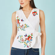 Yumi White Stretch Cotton Embroidered Wrap Top