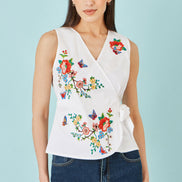 Yumi White Stretch Cotton Embroidered Wrap Top