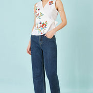 Yumi White Stretch Cotton Embroidered Wrap Top