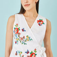 Yumi White Stretch Cotton Embroidered Wrap Top