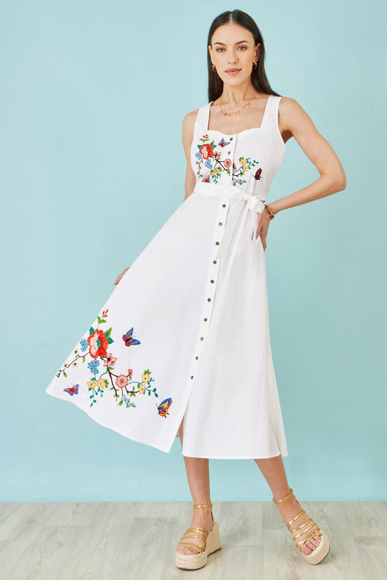 Yumi White Cotton Midi Dress With Embroidery