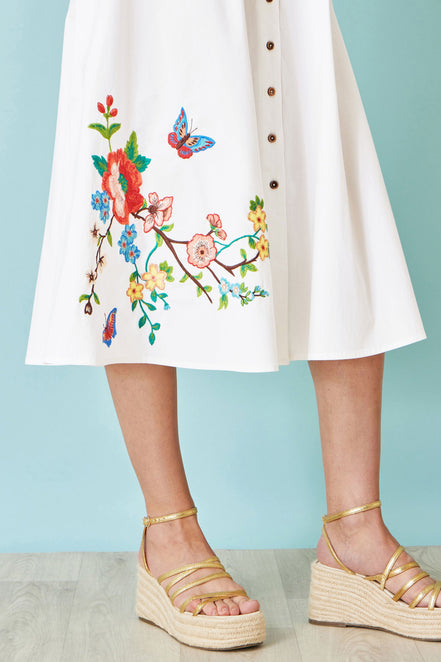 Yumi White Cotton Midi Dress With Embroidery