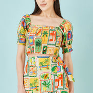 Yumi Multicolour Cropped Shirred Cotton Postcard Print Top